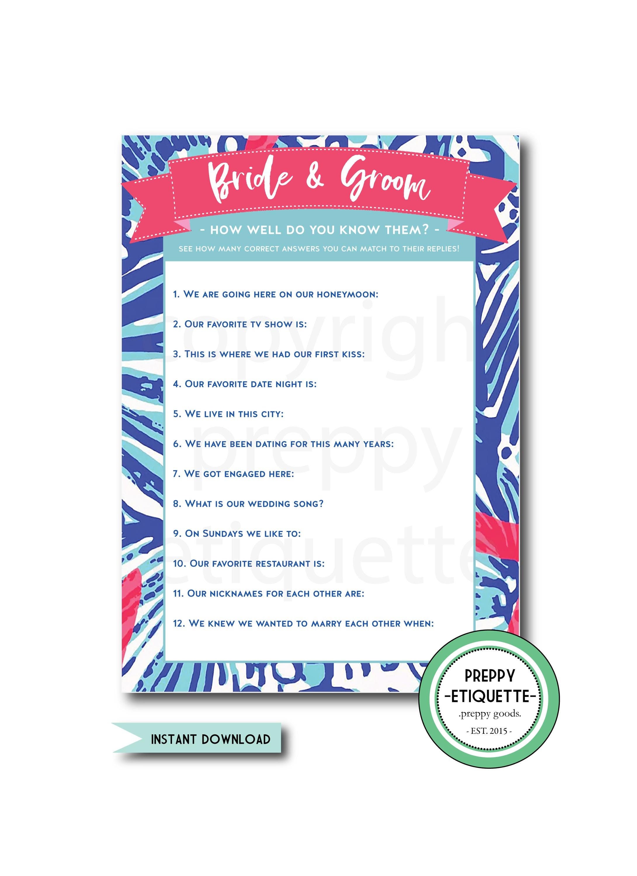 The Lilly Bridal Shower Game, Bachelorette Party Game, Southern Prep Shower Game, Lilly Wedding Shower Game,Bride and Groom Game, Stag & Hen