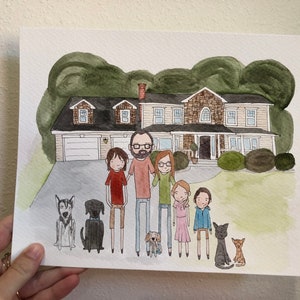 WATERCOLOR FAMILY PORTRAIT Stick Figures Painting with Background House Portrait Disney painting Magic Kingdom