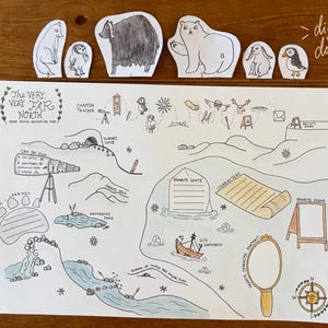 May include: A white paper activity map titled The Very, Very Far North with hand-drawn illustrations of arctic landscapes, a telescope, a ship, and text sections for notes. Six separate paper animal cutouts are arranged above the map.