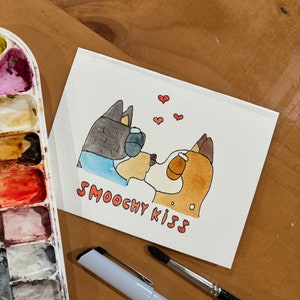 AQUARELL GRUSSKARTE Kundengerechte Liebeskarte Bluey Disney smoochy kiss Bandit und Chili valentines Jahrestag