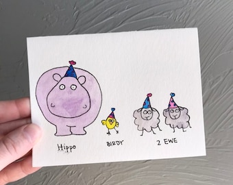 Hand Painted Watercolor Card, Birthday, Unique Greeting Card, Thinking of You Card, Handmade Card Happy Birthday Hippo Birdy