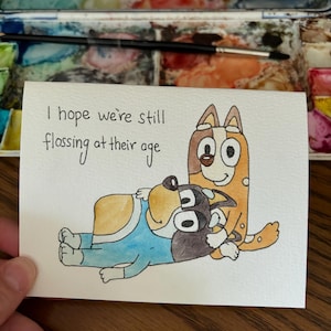 WATERCOLOR GREETING CARD Bluey Disney Bluey Dad Bandit Chili flossing anniversary love