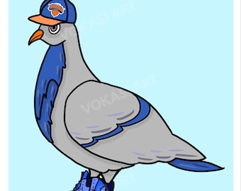 Sztuka koszykówki New York Pigeon | Pomarańczowo-niebieski wydruk sportowy (pobranie cyfrowe)