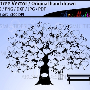 48 Hearts Family Tree SVG JPG pdf PNG-sjabloon / Digitaal, direct downloaden commercieel gebruik / handgetekende stamboom