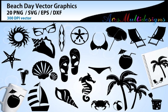 Beach day vector graphics / beach day silhouette svg / beach day clipart icons / Vector - Eps, Svg, Dxf, Png Il_570xn