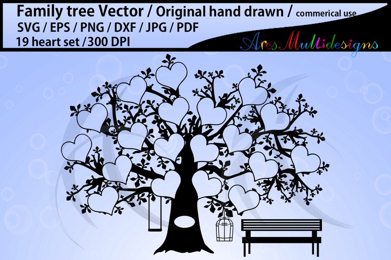 19 hearts family tree clipart SVG, EPS, Dxf, Png, Pdf, Jpg /family tree silhouette /hand drawn tree svg vector / Commerical & personal use image 1