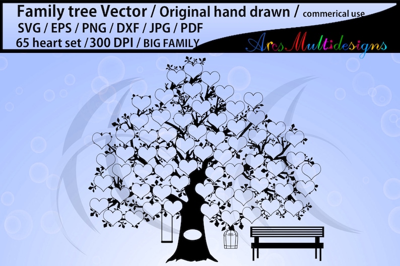 65 hearts family tree clipart SVG, EPS, Dxf, Png, Pdf, Jpg /family tree silhouette /hand drawn tree svg vector / Commerical & personal use image 1