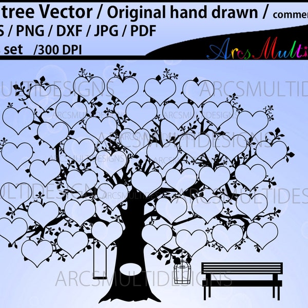 Family tree 42 heart template, EPS, Dxf, Png, Pdf, Jpg, SVG /family tree silhouette /hand drawn vector / Commerical & personal use