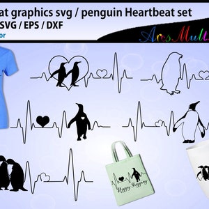 Gráficos e ilustraciones de latidos del corazón de pingüino / Gráfico de latidos SVG / Latidos SVG vectoriales / Contorno de pingüino latido del corazón SVG