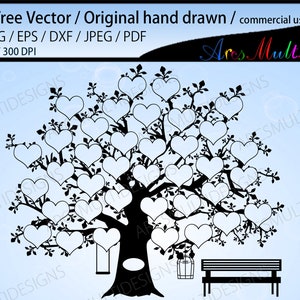 Family tree 37 heart template, EPS, Dxf, Png, Pdf, Jpg, SVG /family tree silhouette /hand drawn tree svg vector / Commerical & personal use
