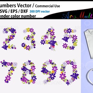 Blumen Zahlen SVG / lila Blumen Zahl / Blumen Zahlen Vektor / 0 bis 9 Zahlen / Schnörkelzahlen