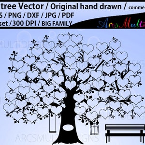 Modèle d'arbre généalogique de 60 coeurs SVG, EPS, Dxf, Png, Pdf, Jpg / Propre arbre généalogique vecteur svg dessiné à la main / Usage commercial et personnel