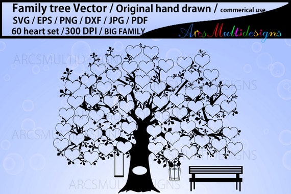 60 hearts family tree template SVG, EPS, Dxf, Png, Pdf, Jpg / Own hand drawn family tree svg vector / Commerical & personal use Il_570xn