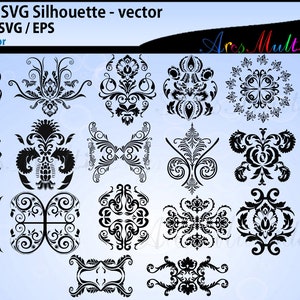 May include: A set of 20 black and white damask SVG silhouette designs. The designs are intricate and detailed, and they would be perfect for use in a variety of projects, such as scrapbooking, card making, and web design.