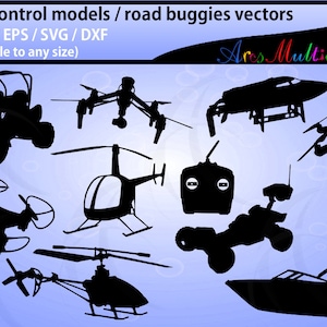 Radio Control model svg /  road buggies svg /quad copters / drones plane svg, helicopter, speed boat svg / eps / dxg / png / isolated vector