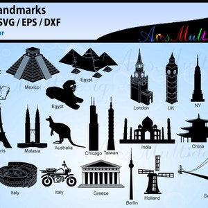 World Lankmarks silhouette svg / world landmark vector cut files, Eps, Png, Dxf, Svg