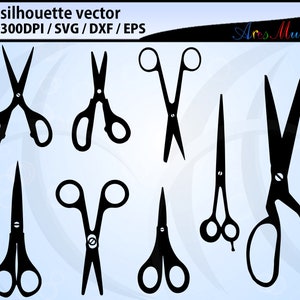 May include: Eight black silhouette images of different styles of scissors.