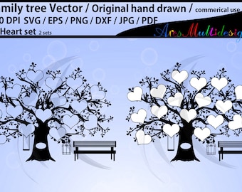 17 Hearts Family Tree SVG JPG pdf PNG Template. Print at home. Digital. Instant Download Clip Art. Commercial Use / hand drawn family tree