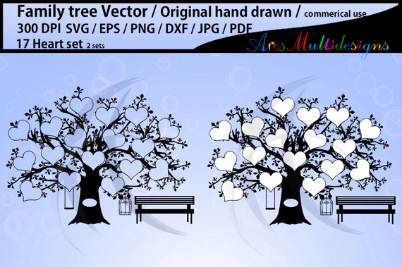 17 Hearts Family Tree SVG JPG pdf PNG Template. Print at home. Digital. Instant Download Clip Art. Commercial Use / hand drawn family tree Il_570xn