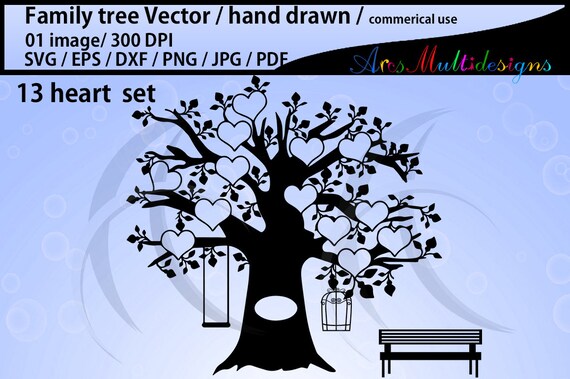 13 hearts family tree clipart SVG, EPS, Dxf, Png, Pdf, Jpg /family tree silhouette /hand drawn tree svg vector / Commerical & personal use Il_570xn