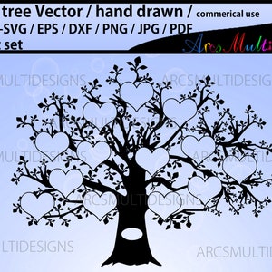 13 Herzen Stammbaum Vorlage, SVG, EPS, Dxf, Png, Pdf, Jpg / Stammbaum / handgezeichneter Baum svg Vektor / kommerzieller & persönlicher Gebrauch