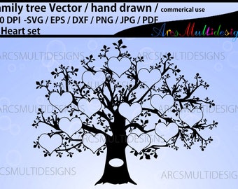 13 hearts family tree template, SVG, EPS, Dxf, Png, Pdf, Jpg / family tree /hand drawn tree svg vector / Commercial & personal use