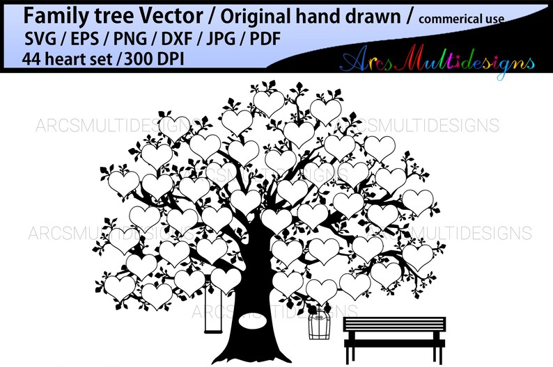 Download Eps Pdf Jpg Family Tree Silhouette Hand Drawn Tree Svg Vector Commerical Personal Use Png 44 Hearts Family Tree Clipart Svg Dxf Clip Art Art Collectibles