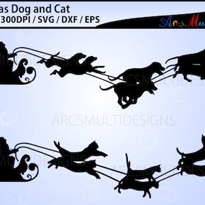 May include: Black silhouette of Santa Claus in a sleigh pulled by dogs and cats. The image includes the text "Christmas Dog and Cat" and "Ares Multidesigns". The design is suitable for various digital formats.