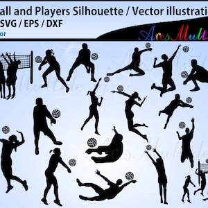 Bola de vôlei, silhueta de bola de vôlei, vetor de jogadores de vôlei, EPS / SVG / silhueta de jogadores de vôlei / pacote de corte de bola de vôlei