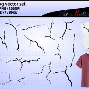 May include: A set of 15 black crack SVG vector graphics. The cracks are in various shapes and sizes, and are perfect for adding a distressed look to your designs. The graphics are available in SVG, EPS, DXF, and EPS8 formats.