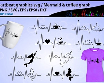 mermaid heart beat svg / coffee heart beat svg / heartbeat graphics and illustration / heartbeat graph SVG - vector