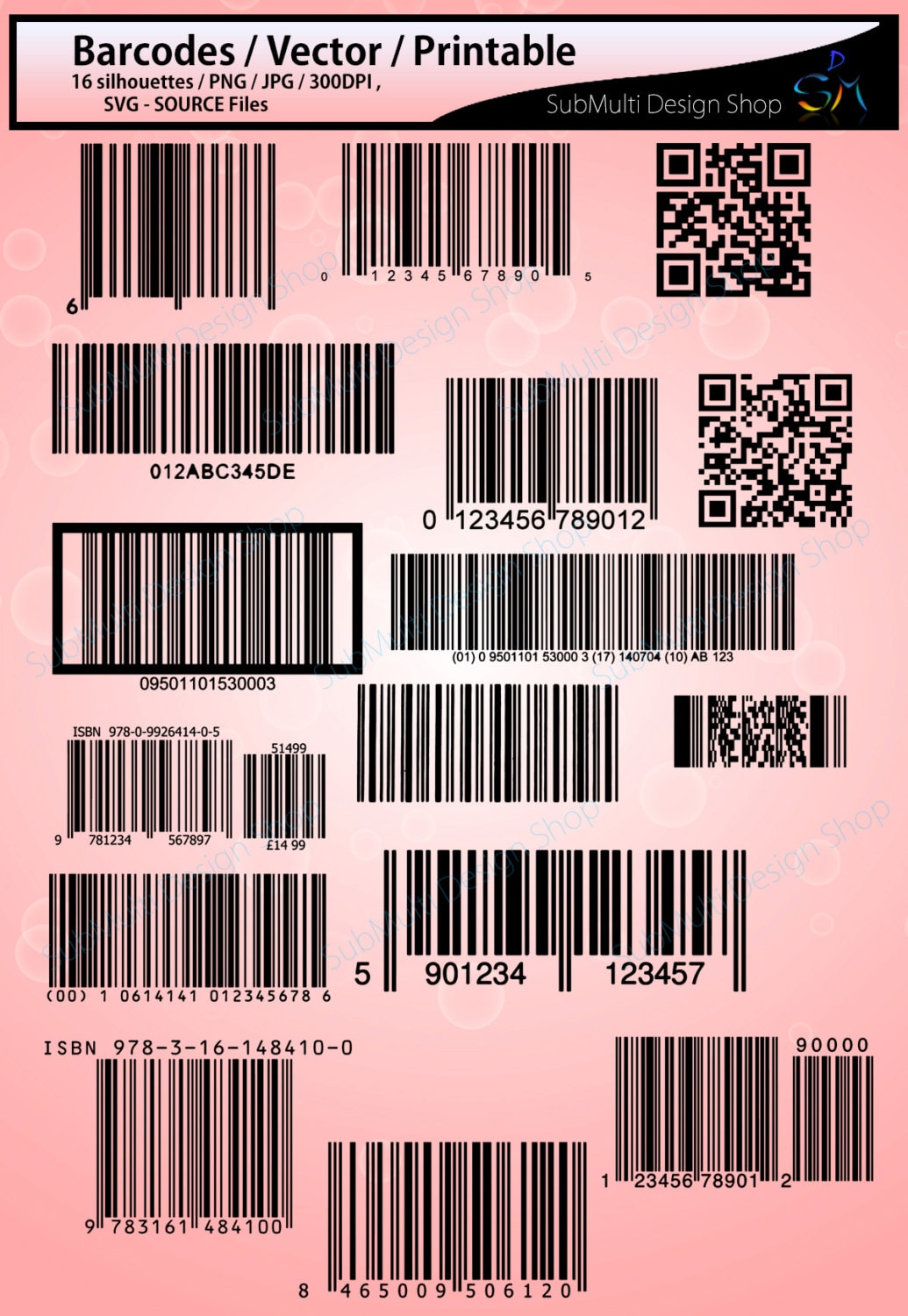 Barcodes silhouette / 16 Barcodes / printable /High Quality / Etsy
