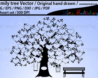 44 hearts family tree clipart SVG, EPS, Dxf, Png, Pdf, Jpg /family tree silhouette /hand drawn tree svg vector / Commerical & personal use