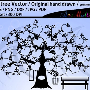 May include: Black and white silhouette of a family tree with 23 heart-shaped leaves. The tree has a birdcage, a swing, and a bench underneath. The text "Family tree Vector / Original hand drawn / commercial use" is at the top of the image. The text "SVG/EPS/PNG/DXF/JPG/PDF" is below the first line of text. The text "23 heart set/300 DPI" is below the second line of text. The text "Ares Multidesigns" is at the top right of the image.