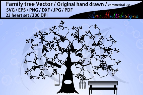 23 hearts family tree clipart SVG, EPS, Dxf, Png, Pdf, Jpg /family tree silhouette /hand drawn tree svg vector / Commerical & personal use Il_570xn