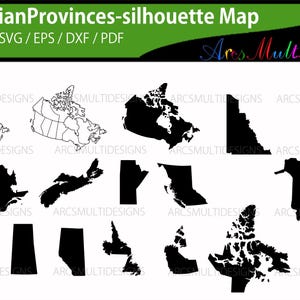 Silhouette vecteur des provinces du Canada / SVG / EPS / PNG / Dxf / Silhouette des provinces du Canada avec son nom
