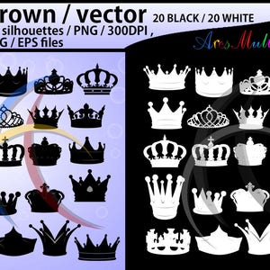 Puede incluir: Un conjunto de 40 siluetas de coronas, 20 en negro y 20 en blanco. Las coronas son de varios estilos, incluyendo tradicionales, ornamentadas y simples. La imagen incluye el texto "Crown / vector 20 BLACK / 20 WHITE 40 silhouettes / PNG / 300DPI, SVG/EPS files Ares Multidesigns".