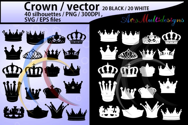 Puede incluir: Un conjunto de 40 siluetas de coronas, 20 en negro y 20 en blanco. Las coronas son de varios estilos, incluyendo tradicionales, ornamentadas y simples. La imagen incluye el texto "Crown / vector 20 BLACK / 20 WHITE 40 silhouettes / PNG / 300DPI, SVG/EPS files Ares Multidesigns".
