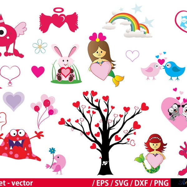 Valentine Monsters clipart / Valentine Cuties svg / Valentine Love / Valentine tree svg / Valentine mermaid / Valentine Love bird / owl