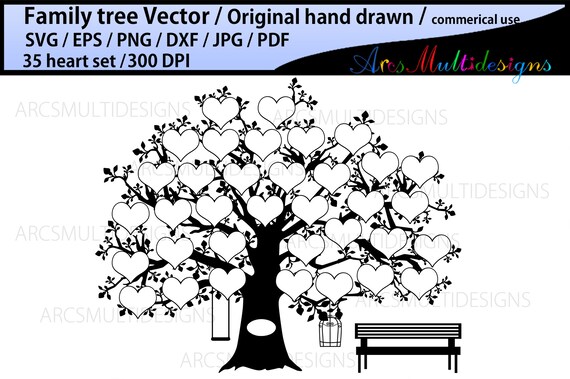 Download Clip Art Art Collectibles Eps Pdf 30 Hearts Family Tree Clipart Svg Jpg Family Tree Silhouette Hand Drawn Tree Svg Vector Commerical Personal Use Dxf Png