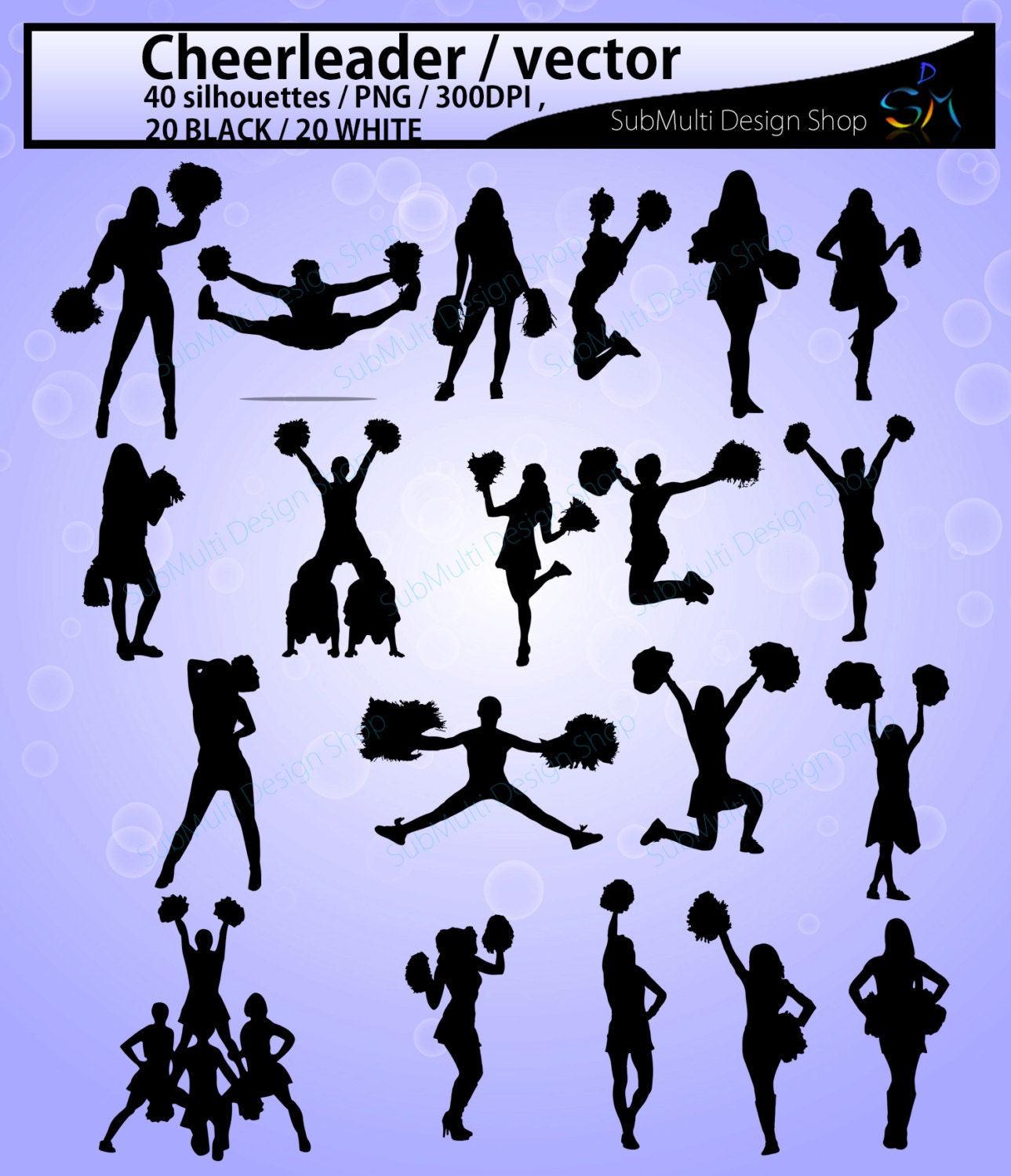 Cheerleader Silhouette SVG Cut Files: Black \u0026 White Clipart (Digital  Download), image size:1289x1500