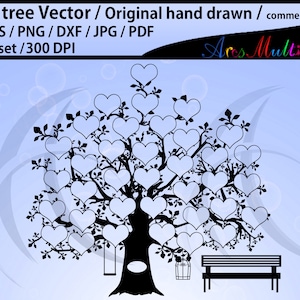 Clipart d'arbre généalogique de 36 coeurs SVG, EPS, Dxf, Png, Pdf, Jpg / vecteur d'arbre généalogique / vecteur svg arbre dessiné main / usage commercial et personnel