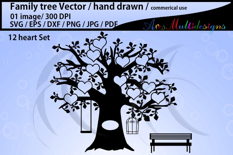EPS Png 12 hearts family tree clipart SVG J family tree silhouette hand drawn tree svg vector Commerical /& personal use Pdf Dxf