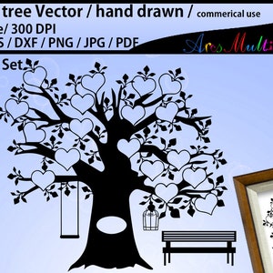 18 harten stamboom clipart SVG, EPS, Dxf, Png, Pdf, J /family tree silhouet /hand getekende boom svg vector / Commerical & persoonlijk gebruik