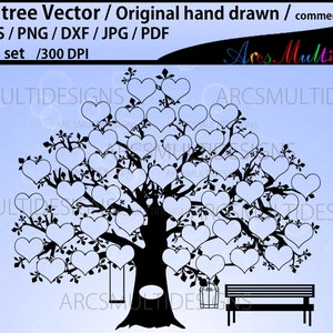 43 hearts family tree clipart SVG, EPS, Dxf, Png, Pdf, Jpg /family tree silhouette /hand drawn tree svg vector / Commerical & personal use