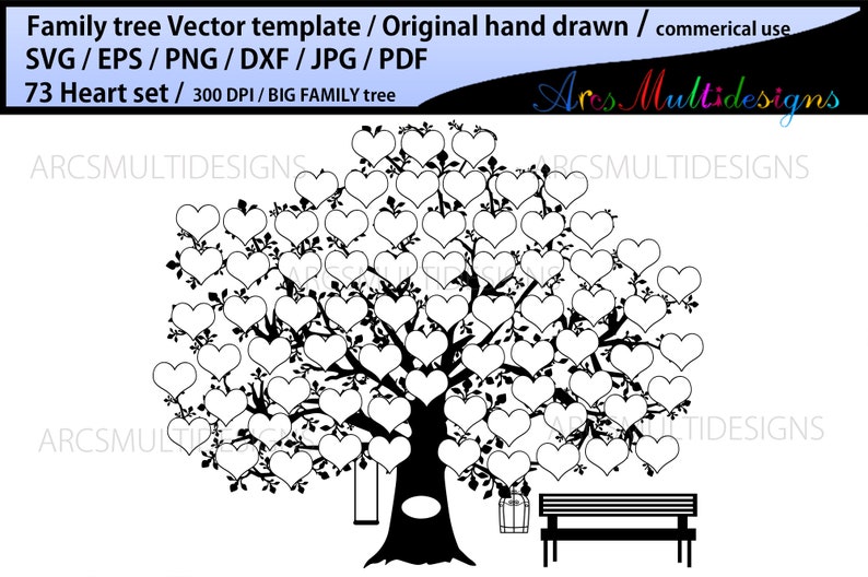 73 hearts family tree clipart SVG, EPS, Dxf, Png, Pdf, Jpg /73 family members tree / hand drawn tree svg / Commerical & personal use image 3