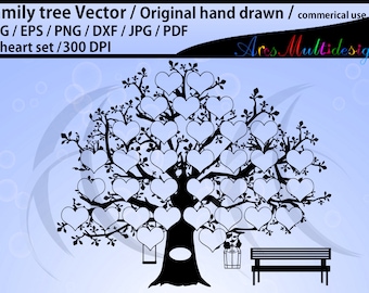 34 Hearts Family Tree SVG JPG pdf PNG Template / Print at home. Digital / family tree silhouette / Commercial Use / hand drawn family tree