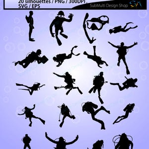 20 Scuba Divers / scuba divers silhouette / scuba EPS and SVG and PNG / scuba dive / scuba dive clipart / scuba dive vector / High Quality