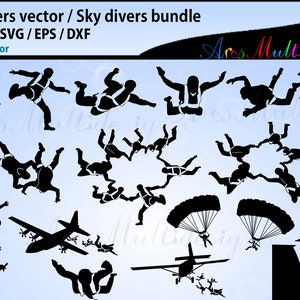 Sky Divers SVG silhouette Bundle, skydivers SVG bundle, dive cut file, sky divers vector silhouette - Eps, Png, Dxf, Svg
