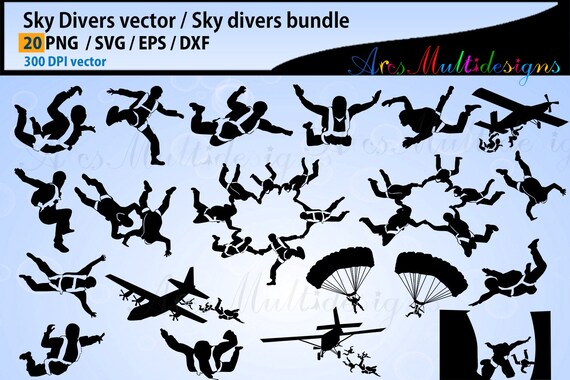 Sky Divers SVG silhouette Bundle, skydivers SVG bundle, dive cut file, sky divers vector silhouette - Eps, Png, Dxf, Svg Il_570xn